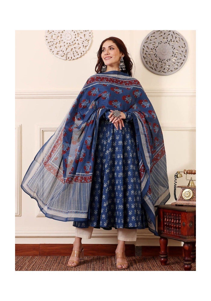 Malishka Export Blue Rayon Printed Anarkali Kurta Pant With Dupatta for Women - Image 3